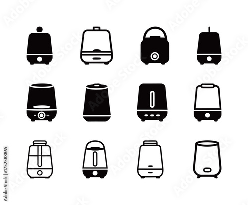 Set of different humidifier and essential oil diffuser appliance icons in solid and outline style