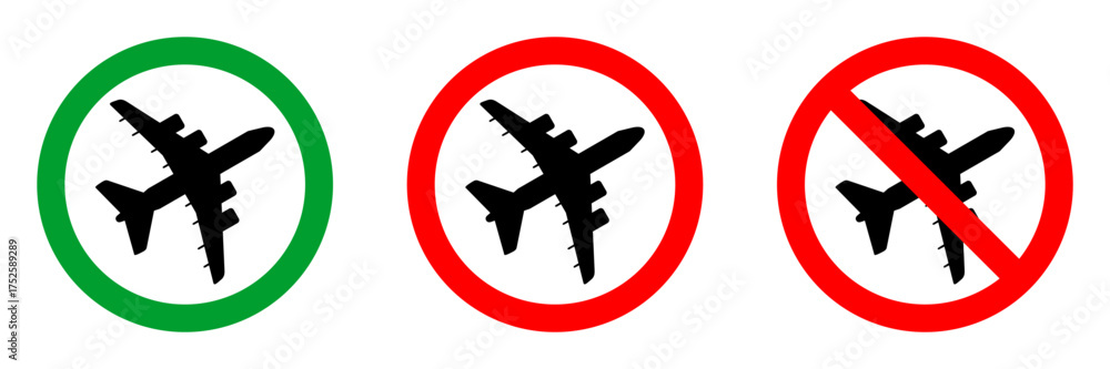 Obraz premium no flight zone red circle sign, front view silhouette in green circle pictogram, allowed round vector icon