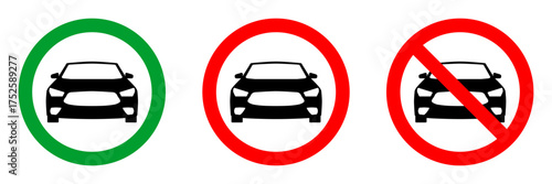 no car zone red circle sign, front view silhouette in green circle pictogram, allowed round vector icon