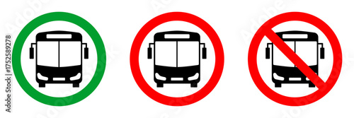 no bus zone red circle sign, front view silhouette in green circle pictogram, allowed round vector icon