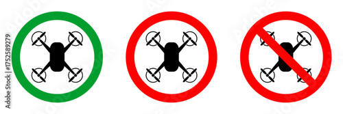 drone not allowed red circle sign, green allowed round vector icon, 3 pictogram collection