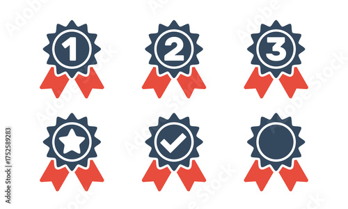 star 1st 2nd 3rd place awards, gray red flat solid vector set