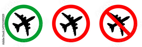 no flight zone red circle sign, front view silhouette in green circle pictogram, allowed round vector icon