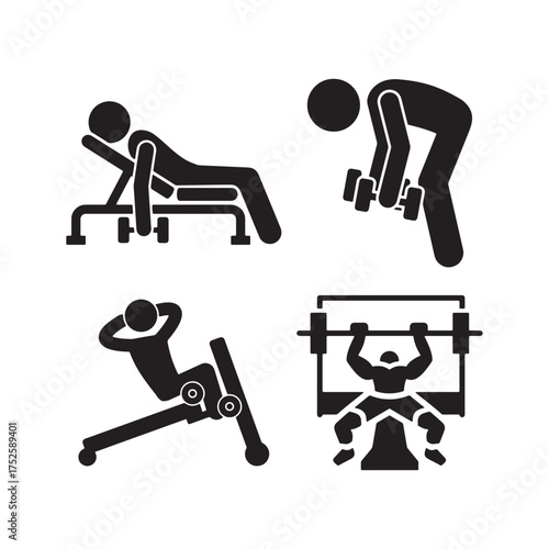 Set of four simple black and white icons representing different weightlifting exercises