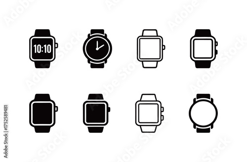 Smart watch and analog wrist watch icons set in solid and outline style, time and technology