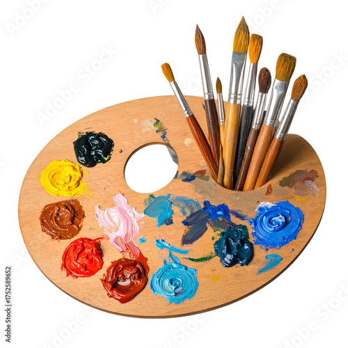 's wooden palette with colorful paints and brushes.
