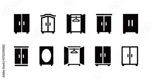Wardrobe and cabinet furniture icons set in black solid style, closet and storage symbols