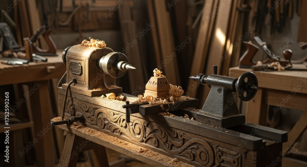 Fototapeta premium Vintage woodworking lathe with wood shavings in a workshop.