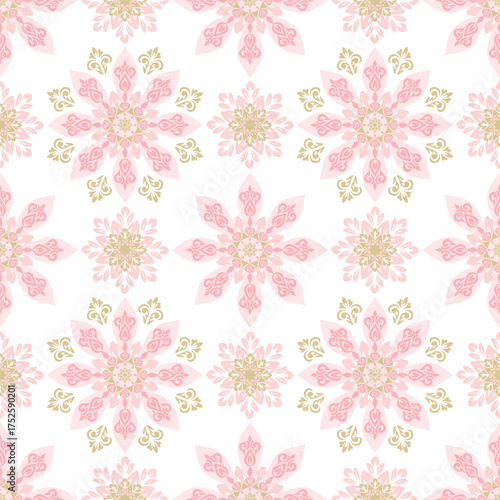 Soft pink and beige floral pattern vector on elegant white background, delicate classic flower design, perfect for fabric, textile, ceramic tile, and decorative surface art