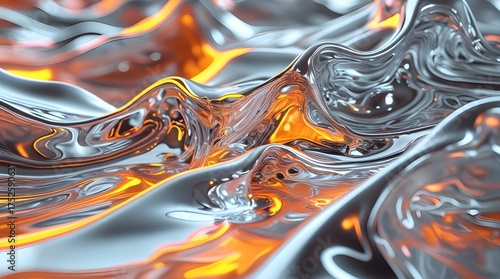 molten orange light glowing beneath reflective silver waves , Molten Chrome Waves Generative Ai