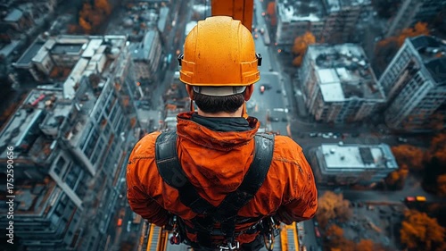 Rooftopper Worker in Orange Safety Gear Overlooking Cityscape.