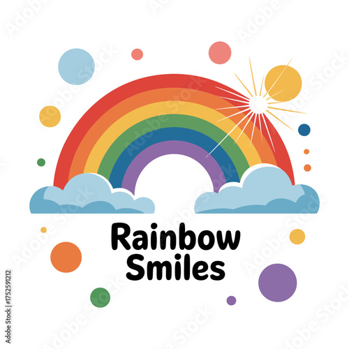 rainbow smiles arch with sparkle, colorful cloud scene, joyful optimism concept, happy kids poster, simple vector