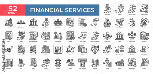 Financial Services collection set. Financial, Payment System, Stock,Credit Union ,Mutual Fund, Insurence , Money, Management, icon. Simple outline vector illustration