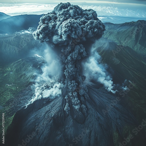 Photography of natural disasters including volcanic eruptions in mountain ranges from an aerial view showcases eruptive forces  high resolution   for isolate image