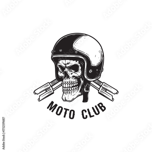 Skull with Motorcycle Helmet and Crossed Piston Heads Moto Club Emblem