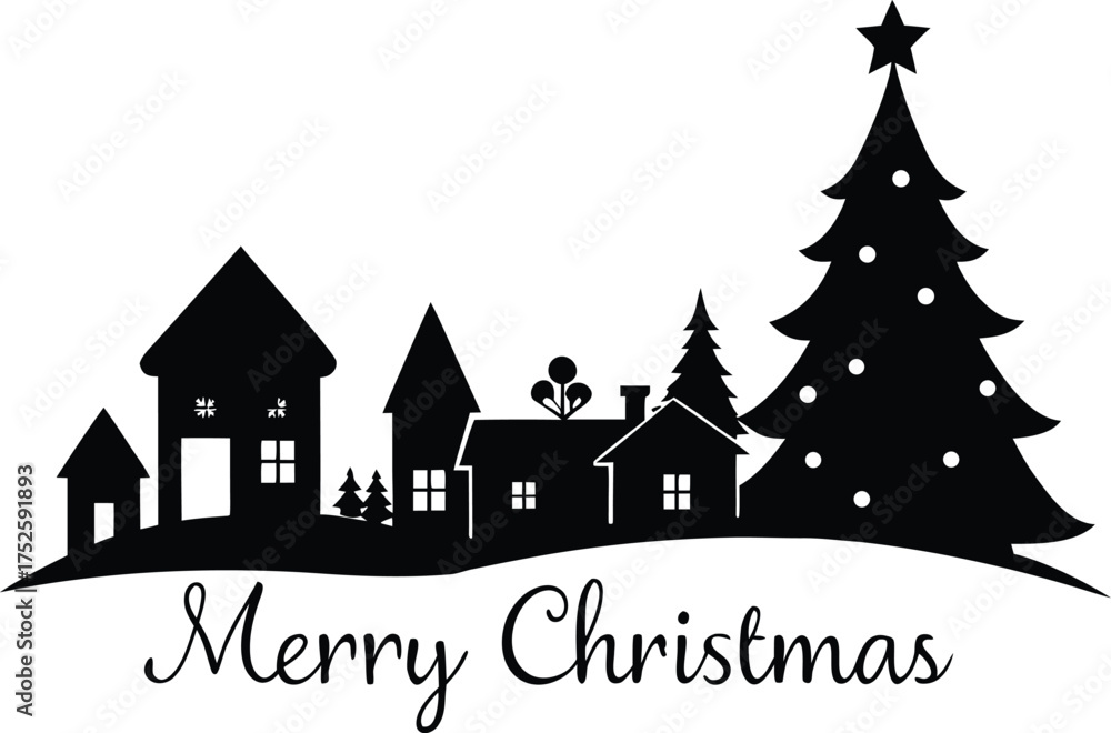 Fototapeta premium Christmas scene vector silhouette icon, Christmas village clipart, merry christmas, Christmas Village Silhouette Scene - Winter Town Vector Skyline Collection