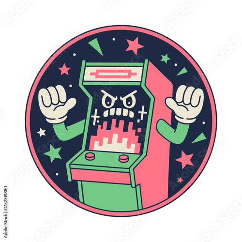 furious arcade cabinet logo, round sticker style, expressive face, vintage gaming culture, bold cartoon emblem, vector