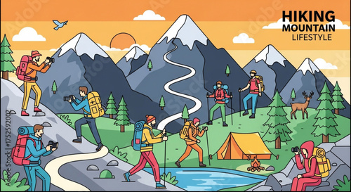 Hiking adventure with group of people in mountain landscape outdoor activity and recreation with nature, camping, and photography mountain lifestyle