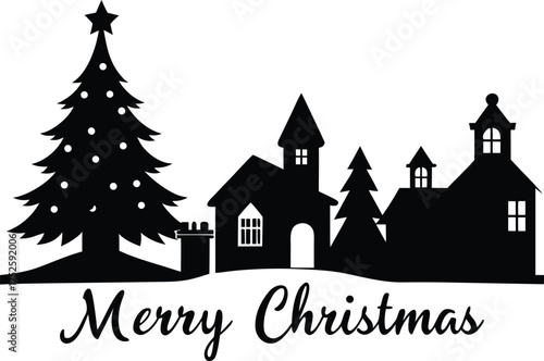 Christmas scene vector silhouette icon, Christmas village clipart, merry christmas, Christmas Village Silhouette Scene - Winter Town Vector Skyline Collection