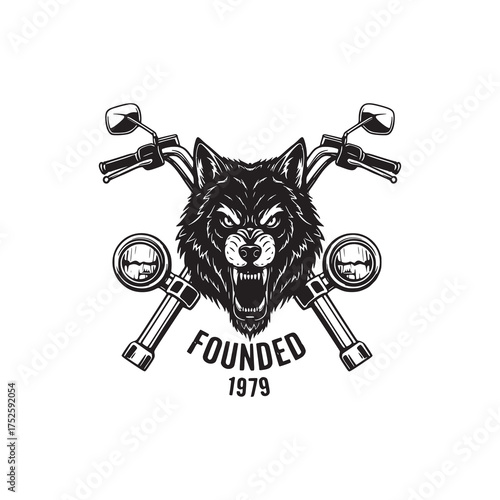 Vintage monochrome wolf biker logo with crossed motorcycle handles