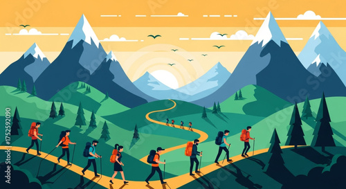 Group of people hiking in mountain landscape at sunset outdoor adventure and recreation with nature, travel, and exploration mountain lifestyle