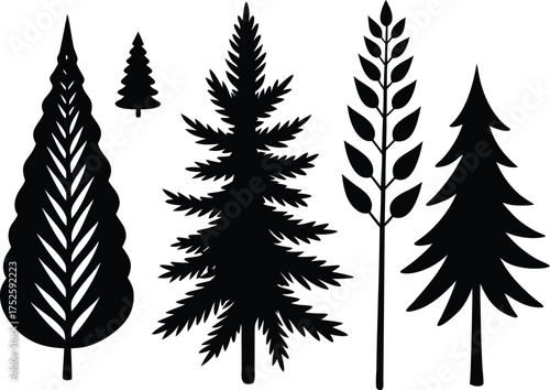 Christmas spruce branch silhouette set. Larch, Pine, spruce branch, evergreen tree, fir, vector icon. Fir Branch Silhouette Black White Vector Illustration.