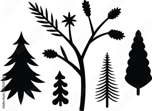 Christmas spruce branch silhouette set. Larch, Pine, spruce branch, evergreen tree, fir, vector icon. Fir Branch Silhouette Black White Vector Illustration.