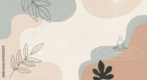 Abstract background with a meditating figure in a serene landscape, featuring organic shapes, leaves, and a calming color palette, promoting mindfulness and relaxation