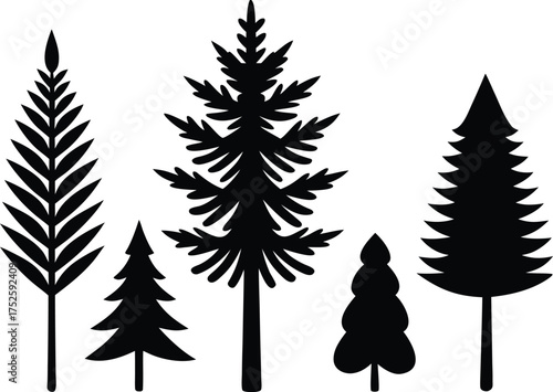 Christmas spruce branch silhouette set. Larch, Pine, spruce branch, evergreen tree, fir, vector icon. Fir Branch Silhouette Black White Vector Illustration.