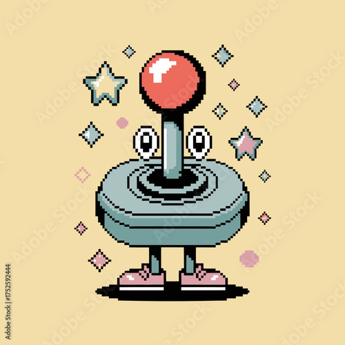 Retro arcade joystick, red ball handle, sparkling stars, nostalgic gaming icon, playful entertainment design, adorable kawaii vector