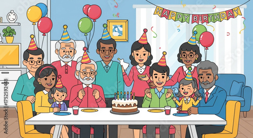 A heartwarming birthday celebration with a large family gathered around a table, enjoying cake and festivities in a cozy, decorated home setting