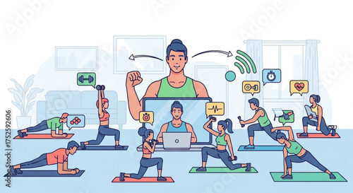 Online fitness class concept with group of people doing exercise at home with trainer on laptop screen, vector illustration