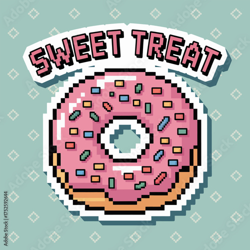 pixel donut illustration, sweet treat lettering, frosting glaze with sprinkles, teal background pattern, nostalgic arcade style, vector