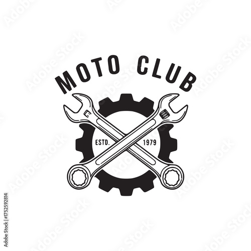 Black and white Moto Club logo featuring wrenches and gear