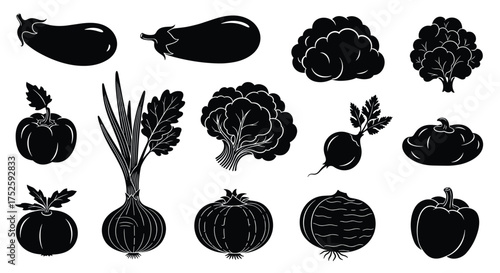 Collection of fresh vegetables and produce items in silhouette.
