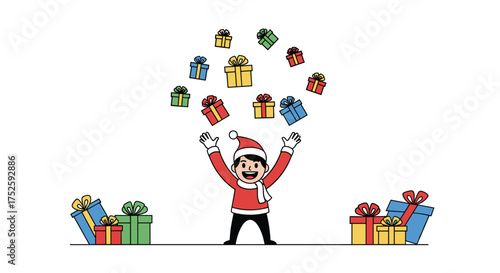 A person in a santa hat is juggling many colorful gifts in the air.