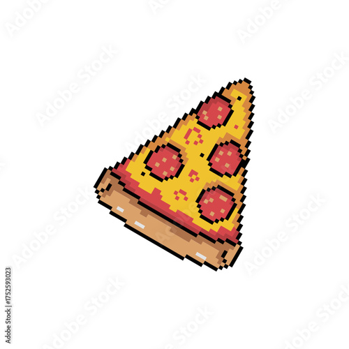 pixel pizza slice icon, melted cheese and pepperoni, minimal white background, tasty fast food, retro 8 bit
