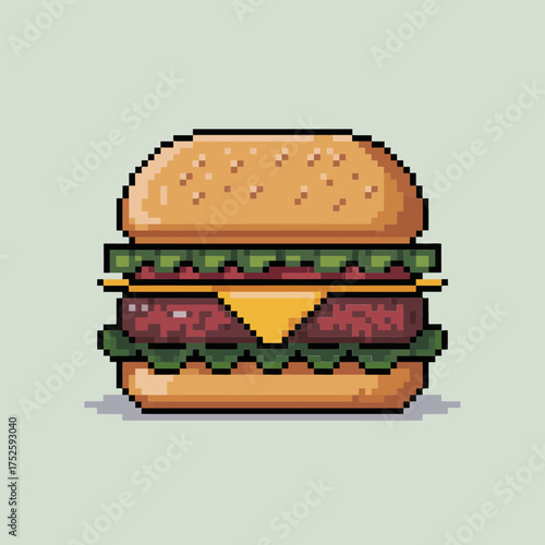 Classic pixel burger, sesame bun and layers, vintage game style, fast food emblem, retro sticker illustration