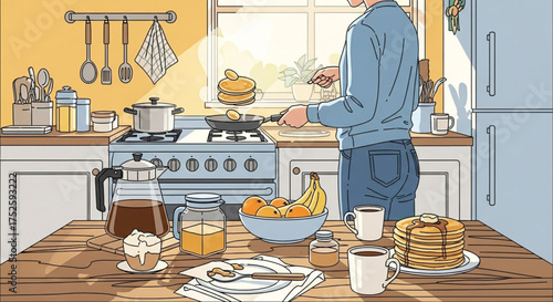 A person is making pancakes in a bright and cozy kitchen with sunlight streaming through the window, creating a warm and inviting atmosphere for breakfast