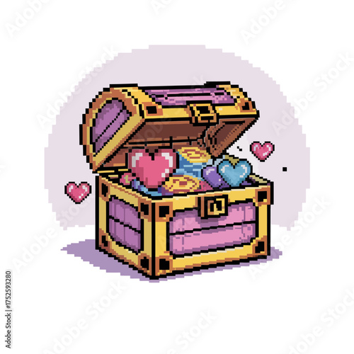 Open pixel chest, glowing heart coins, romantic loot theme, pastel game icon, adorable retro adventure sticker design
