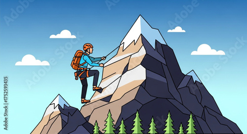 Mountaineer climbing a mountain with rope and backpack man climbing a rock face with safety equipment adventure and extreme sport concept mountain landscape