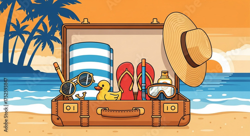 Summer vacation concept with suitcase, beach accessories, and tropical background, including sunglasses, flipflops, sunscreen, and a straw hat
