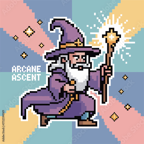 arcane ascent wizard, staff spark effect, diagonal pastel stripes, vintage pixel style, fantasy sorcerer graphic, vector