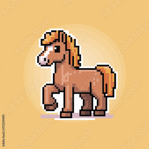 Pixel horse standing facing left, warm yellow background, cute farm animal sprite, retro ranch mascot vector