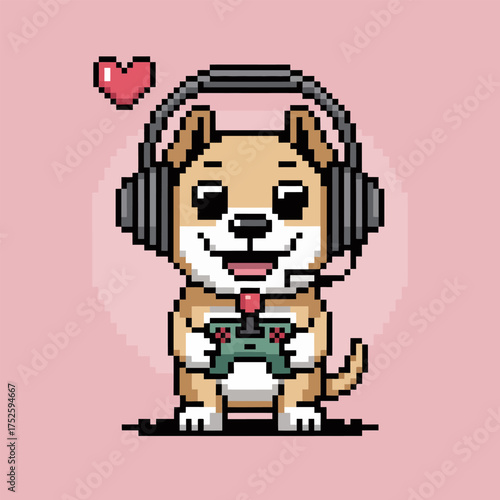 pixel shiba gamer dog wearing headphones holding controller, cute streaming mascot, retro arcade style, pastel background, vector
