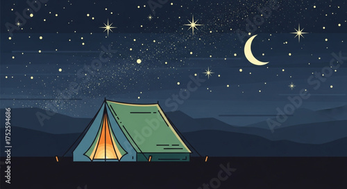 A serene night scene features a cozy tent illuminated under a starlit sky, with a crescent moon casting a gentle glow over the tranquil landscape