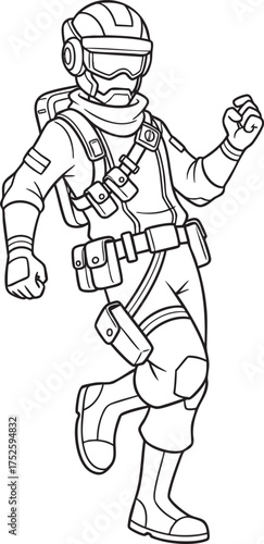 Line art illustration of a futuristic soldier character in a running pose for coloring.
