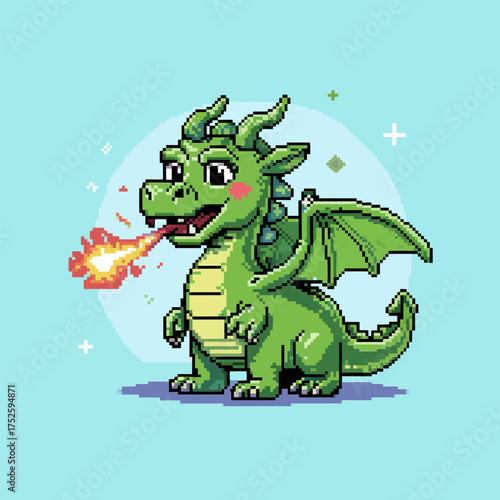 cute pixel dragon spitting flame, cartoon fantasy mascot, retro arcade style, sky background, magical creature illustration vector
