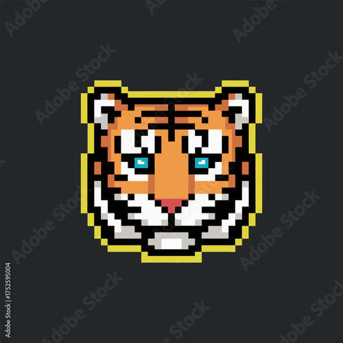 ferocious pixel tiger portrait, neon outline, dark grid background, fierce animal emblem, retro gaming aesthetic artwork vector