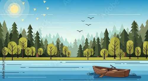 A picturesque lakeside scene with a rowboat on calm water, surrounded by lush trees under a sunny sky, creating a tranquil and inviting atmosphere